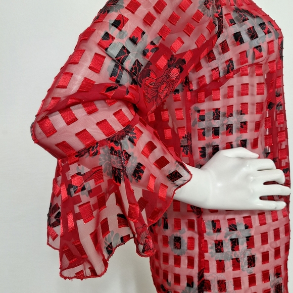 Notations Red Black Floral Romantic Academia Sheer Bell Sleeve Blouse Size M - Picture 5 of 12